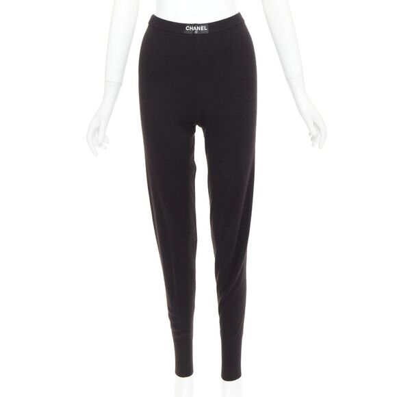 rare CHANEL 93A Vintage black cashmere white logo patch waist jogger pant FR36 S